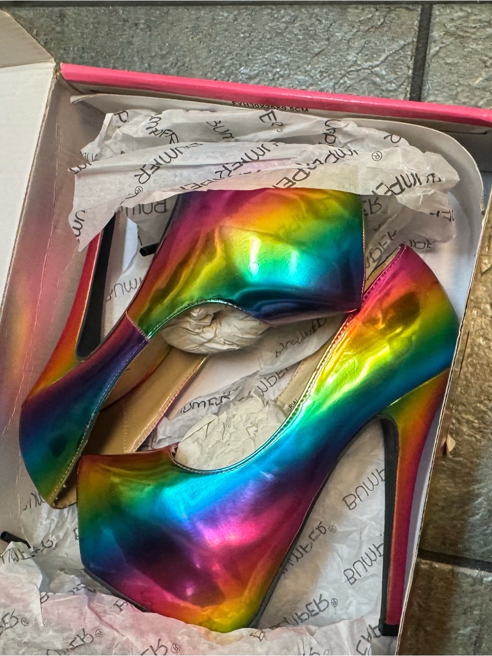 Bumper Metallic Rainbow Platform Stiletto Pumps US8
